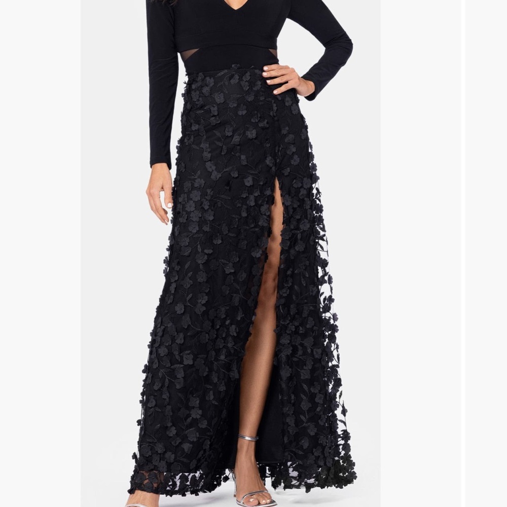 Xscape Black Floral Appliqué gown with Front Slit